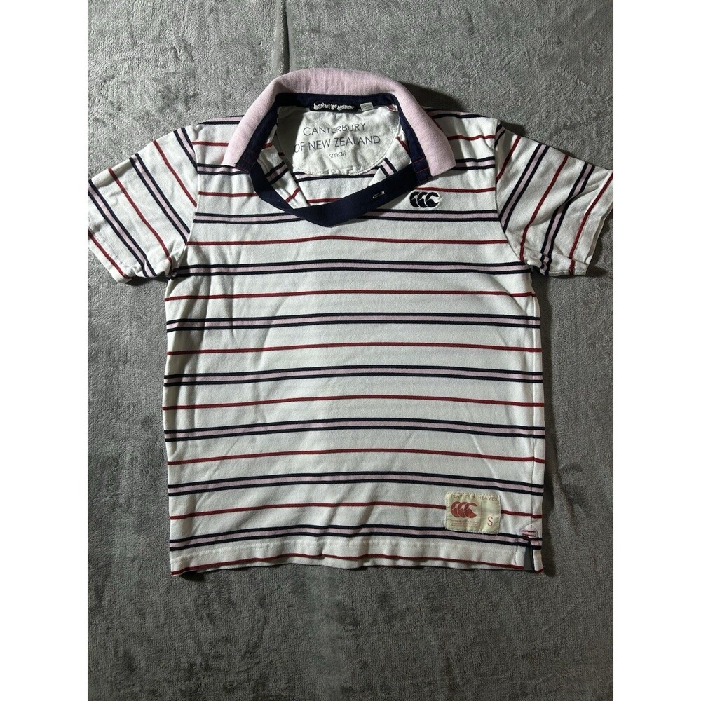 Canterbury Of New Zealand Womens Small Rugby Polo Shirt Striped Pink White Navy